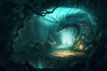 **A mystical cave aglow with bioluminescent fungi, where a magnificent dragon rests peacefully amidst the shimmering lights - obrazy, fototapety, plakaty