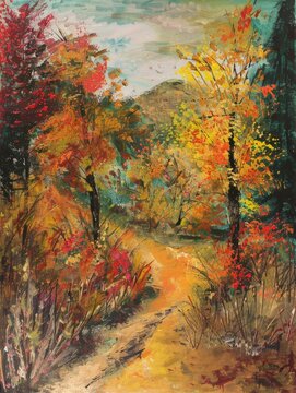 Autumn serenity, an illustrated forest pathway amidst colorful fall trees