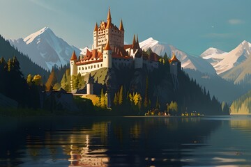 A majestic castle stands tall in the midst of the beautiful lake surrounded with mountains, basking...
