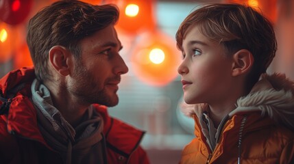 Portrait of handsome man and his little son looking at each other and smiling