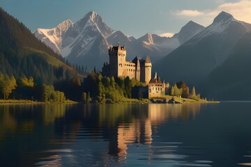Fototapeta na wymiar A majestic castle stands tall in the midst of the beautiful lake surrounded with mountains, basking in the warm rays of the sun - Generative AI