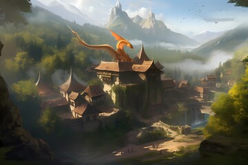 **A peaceful village nestled in a lush valley, with a magnificent dragon soaring overhead, its presence a symbol of protection