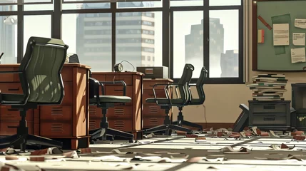 Fotobehang A conference room sits in disarray, chairs askew, reflecting the chaos of a collapsing business, viewed in disordered closeup © JK_kyoto