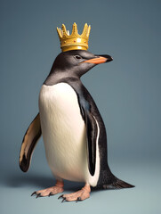 A funny penguin with the crown on his head. Bird portrait.