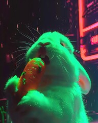 A fluffy bunny nibbles on a piece of carrot, its soft fur and gentle demeanor set off by the white, viewed in adorable closeup - obrazy, fototapety, plakaty
