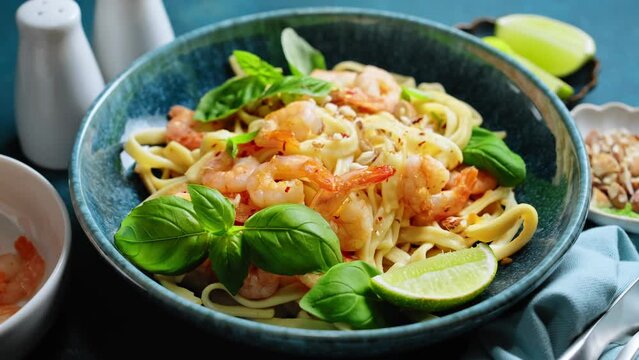 Pasta with shrimps and basil, noodle with shrimps, tagliatelle with seafood. Stock footage video 4k
