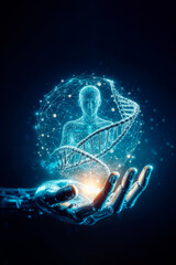 Robot hand holding glowing human DNA helix, gene manipulation, future, evolution with copy space