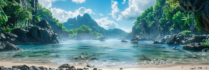 Idyllic Asian Beach Landscape with Crystal Clear Waters and Rocky Lagoon under a Sunny Blue Sky - obrazy, fototapety, plakaty
