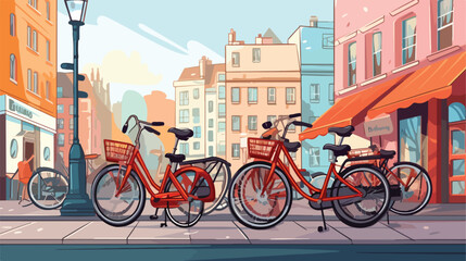 Parked Bicycles  City Traffic .. 2d flat cartoon v