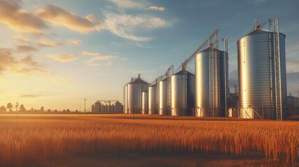 lineup of silos in the sunset fields