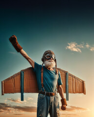 determined old man dreaming of flying with his cardboard wings wearing leather helmet and pilot goggles, startup, believe, inspiration and motivational poster with copy space - obrazy, fototapety, plakaty