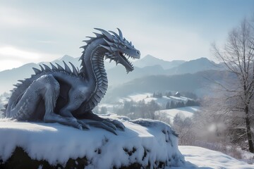 **A serene alpine meadow blanketed in snow, with a majestic dragon breathing frosty breath into the crisp mountain air - obrazy, fototapety, plakaty