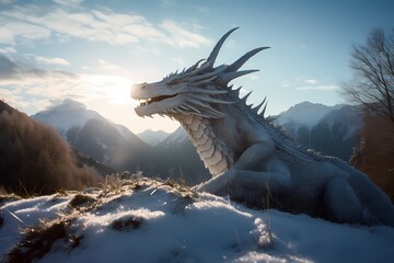 **A serene alpine meadow blanketed in snow, with a majestic dragon breathing frosty breath into the...