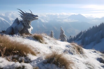 **A serene alpine meadow blanketed in snow, with a majestic dragon breathing frosty breath into the crisp mountain air - obrazy, fototapety, plakaty