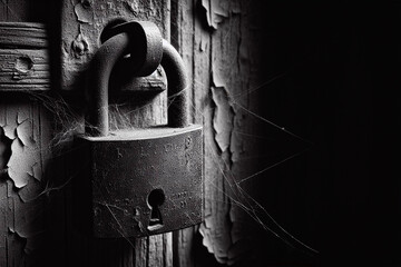 Locked old pad lock hanging in old door. symbol of cybersecurity, protecting from malicious attacks. black and white image with copy space - obrazy, fototapety, plakaty