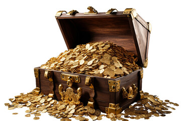The Treasure Trove: A Chest Overflowing With Shiny Gold Coins. On White or PNG Transparent...