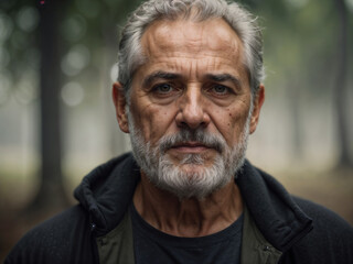 Outdoor closeup portrait of handsome Senior white caucasian man, grey hair and beard, head shot