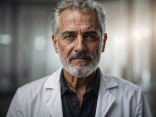 Portrait of handsome 60 year old caucasian male doctor with white beard working in healthcare