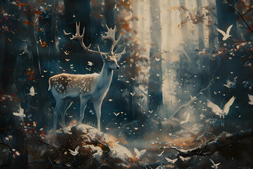 A deer is standing in a forest with a lot of birds flying around it. Generative AI