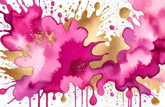 Abstract pink watercolor and gold paint splash background on white background. Generative ai