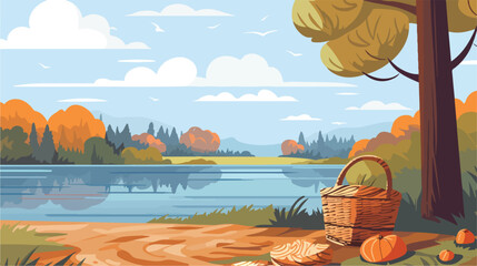 Peaceful riverside picnic with wicker basket and pi - obrazy, fototapety, plakaty