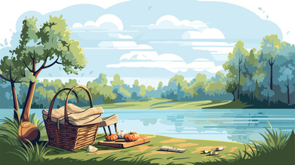 Peaceful riverside picnic with wicker basket and pi