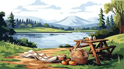 Peaceful riverside picnic with wicker basket and pi - obrazy, fototapety, plakaty