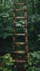 Telescoping Wooden Ladder Overgrown in Serene Forest Wilderness