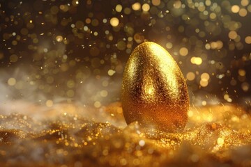 A shiny golden egg placed on a table, suitable for various concepts and designs