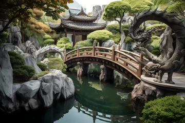 Foto op Plexiglas anti-reflex **A serene garden pond surrounded by ornate bridges and bonsai trees, where a majestic dragon lazily coils by the water's edge ©  ALLAH LOVE