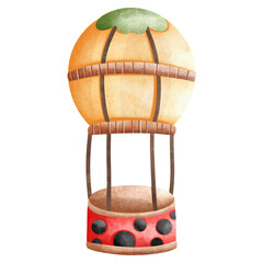 A cute watercolor hot air balloon with a red and black polka dot basket.