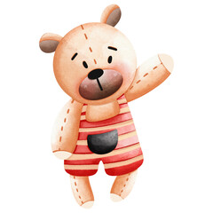 A watercolor illustration of a cute teddy bear wearing a red and white striped swimsuit.