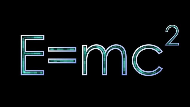 Animated physics formula energy equals the mass of an object multiplied by the square of the speed of light with a flickering effect in a turquoise hue on a black background. Cg