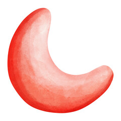 A watercolor painting of a red crescent moon.