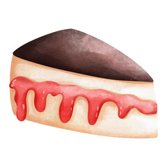 A watercolor painting of a slice of cake with chocolate frosting and strawberry filling.