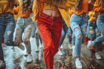 A dynamic image showcasing young people dancing energetically in colorful outfits, enjoying a lively party atmosphere