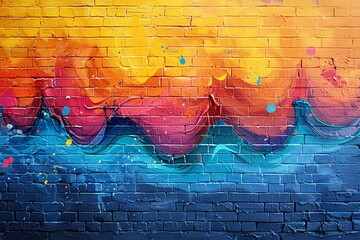 A captivating urban graffiti art on a brick wall, showcasing a fusion of vibrant colors and imaginative design - obrazy, fototapety, plakaty