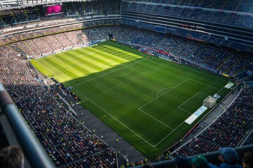 A large stadium filled with numerous people watching an event or game, with the stands packed with...