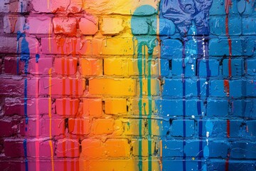 This image depicts a stunning abstract mural splashed in a spectrum of colors on a brick wall surface