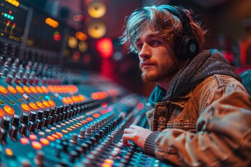 A focused young male sound engineer working on audio mixing console in a colorful music studio...