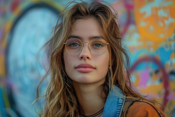 An effortlessly stylish young woman with wavy hair and round glasses before a graffitied urban wall