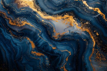 Luxurious natural pattern of blue and gold marble creating an abstract fluid art, suitable for sophisticated backgrounds - obrazy, fototapety, plakaty