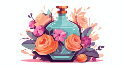 Perfume bottle and bouquet of flowers.Vector drawin