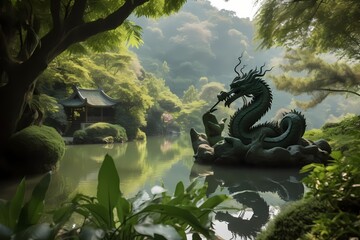 **A serene lake surrounded by lush greenery, with a graceful dragon drinking from its pristine...