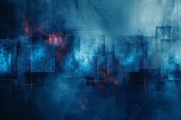 Digital art piece with layered blue tones and red light accents, creating a dynamic and complex visual experience
