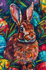 A painting of a rabbit surrounded by colored eggs