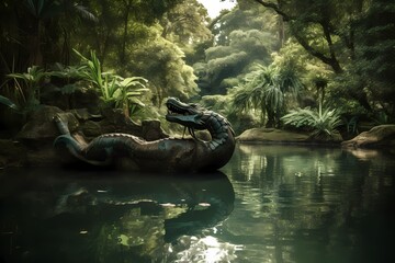 **A serene lake surrounded by lush greenery, with a graceful dragon drinking from its pristine...