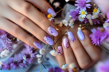 Womans purple manicured fingers holding purple flowers