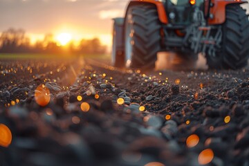 Tractor working in the field at sunset