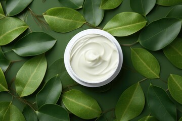 Jar of cream on fresh green leaves, suitable for beauty and skincare concepts
